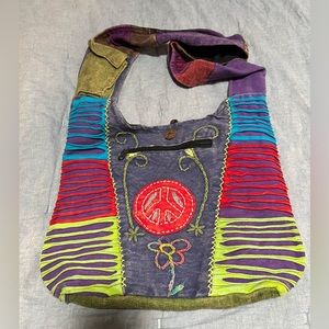 Lg PEACE Floral Multi-Colored HOBO Cotton Hippie Shoulder Bag From Nepal